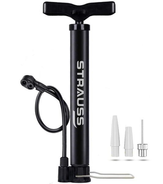 Strauss Bicycle Air Pump, Dual Valve, Portable, 2 Modes, for Bicycles & Swimming Rings, Sturdy Base, Ergonomic Handle, Black.