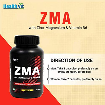 Healthvit Fitness ZMA: Nighttime Recovery, Sleep Quality, Strength, Zinc Magnesium B6, Metabolism & Immunity Booster - 90 Capsules