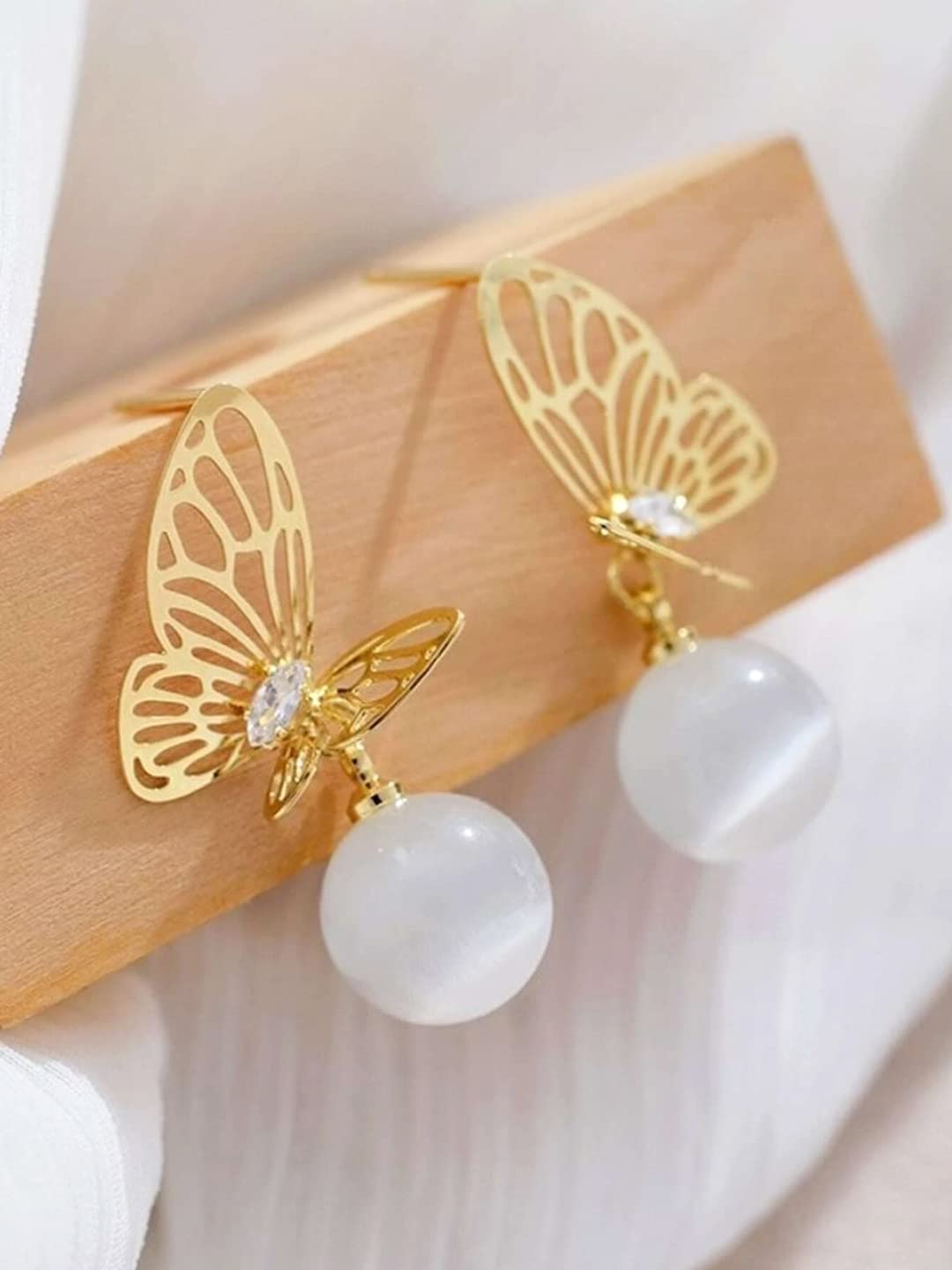 Yellow Chimes Earrings For Women Gold Tone Butterfly Stud With White Pearl Hanging Drop Earrings For Women and Girls