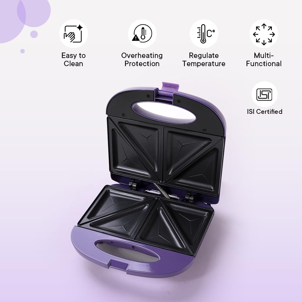 The Better Home FUMATO House Warming Anniversary Wedding Gifts for Couples- 2 Slice Pop-up Toaster with Bun Rack  Sandwich Maker  2 in 1 Egg Boiler  Poacher  1 Year Warranty Purple