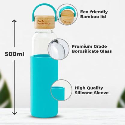 The Better Home Borosilicate Glass Water Bottle 500ml, Non-Slip Silicone Sleeve, Bamboo Lid, Light Blue, Pack of 2.