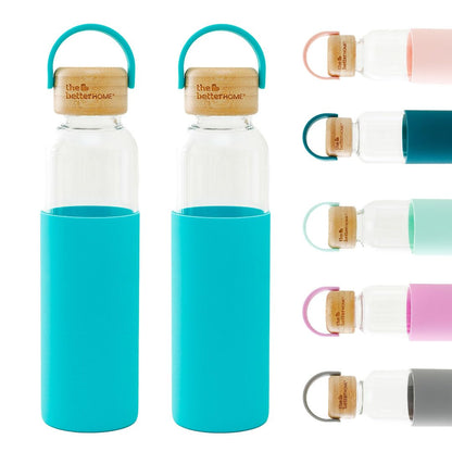 The Better Home Borosilicate Glass Water Bottle 500ml, Non-Slip Silicone Sleeve, Bamboo Lid, Light Blue, Pack of 2.