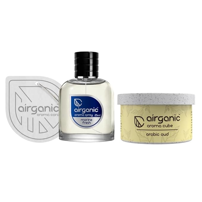 Airganic Aroma Car Freshener Combo Pack  Fine Spray Marine Fresh  Aroma Cube Arabic Oud air fragrance