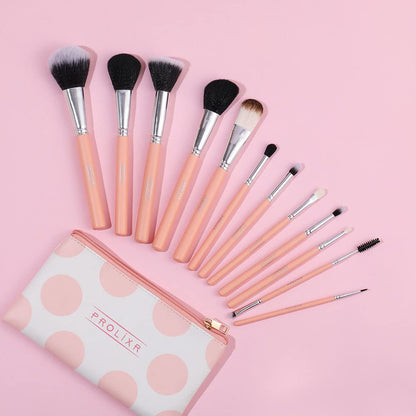 Prolixr Eye Makeup Brush Set - 12 Professional Vegan Brushes, Precise Application, Seamless Blending, Includes Pink Travel Pouch