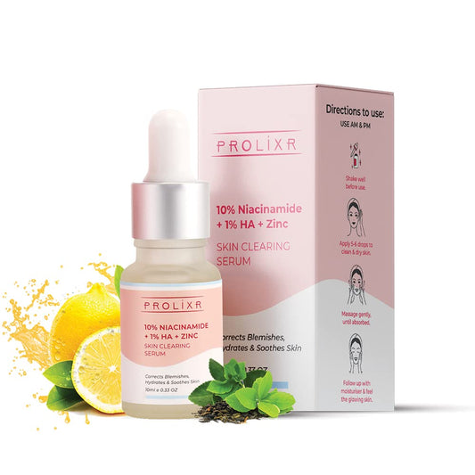 Prolixr 10 Niacinamide  1 Hyaluronic acid  Zinc Skin Clearing Face Serum- for acne marks blemishes  oil balancing- all skin types - 10 ml - travel friendly - mini
