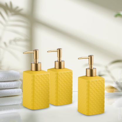 The Better Home 350ml Soap Dispenser Bottle - Yellow Set of 3 Ceramic Liquid Pump Dispenser for Kitchen Wash-Basin and Bathroom