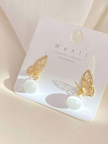 Yellow Chimes Earrings For Women Gold Tone Butterfly Stud With White Pearl Hanging Drop Earrings For Women and Girls