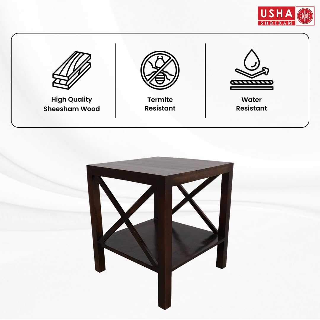 USHA SHRIRAM Wooden Side Table Honey Finish  Sheesham Table with Shelf Storage  Termite  Water Resistant  Durable  Sturdy  Side Table for Living Room  Coffee Table  50x50x56 cm