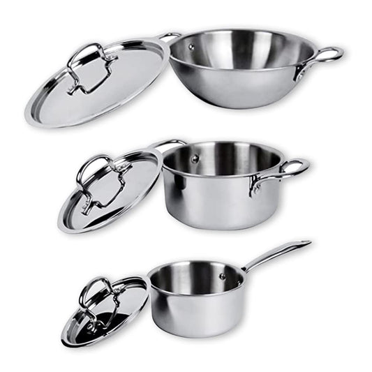 SAVYA HOME Triply Kadai with SS Lid 26cm-3 L Triply Saucepan with SS Lid 18cm Triply Casserole with SS Lid 22cm - 4.0 L Combo  Stove  Induction Cookware Heat Surround Cooking