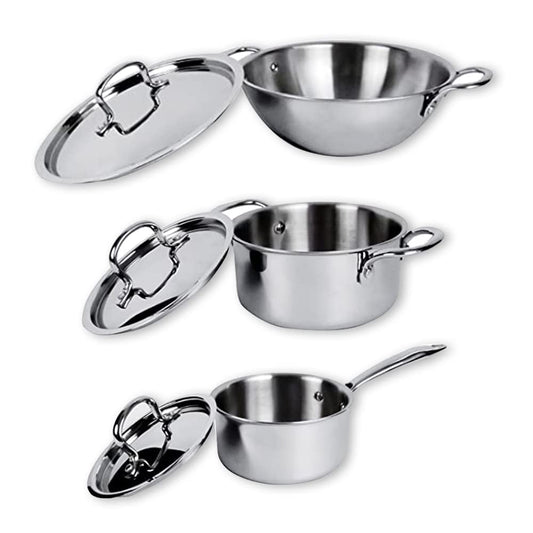 SAVYA HOME Triply Cookware Combo: Kadai 26cm-3L, Saucepan 18cm, Casserole 22cm-4L, SS Lids, Stove & Induction Compatible.