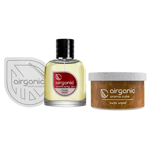 Airganic Aroma Car Freshener Combo Pack  Fine Spray Musk Blast   Aroma Cube Swiss Wood air fragrance