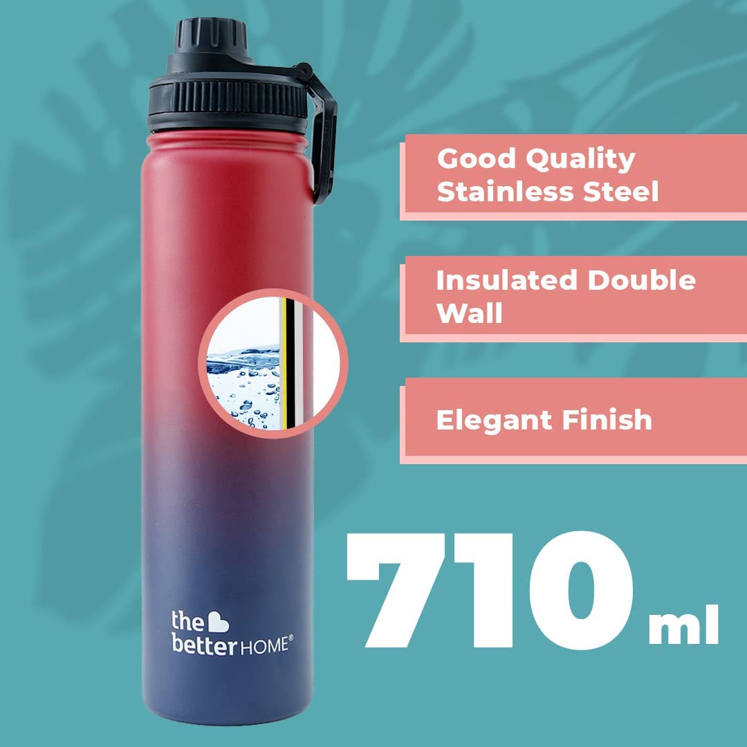 The Better Home 710ml Stainless Steel Insulated Water Bottle, BPA Free, Hot/Cold, Maroon-Blue.