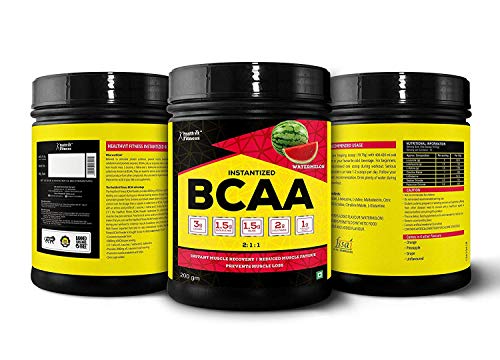 Healthvit Fitness BCAA Supplement 2:1:1 L-Leucine, L-Isoleucine, L-Valine, L-Glutamine, L-Citrulline Malate, 200g Watermelon Flavor.