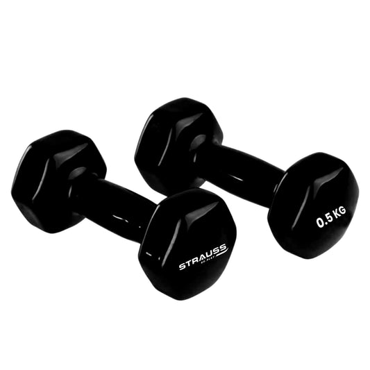 Strauss Premium Vinyl Dumbbells 0.5 Kg Each, 1 Kg Pair for Home Workout, Yoga, Pilates, Gym. Non-Slip, Easy to Hold, Scratch Resistant, Black.