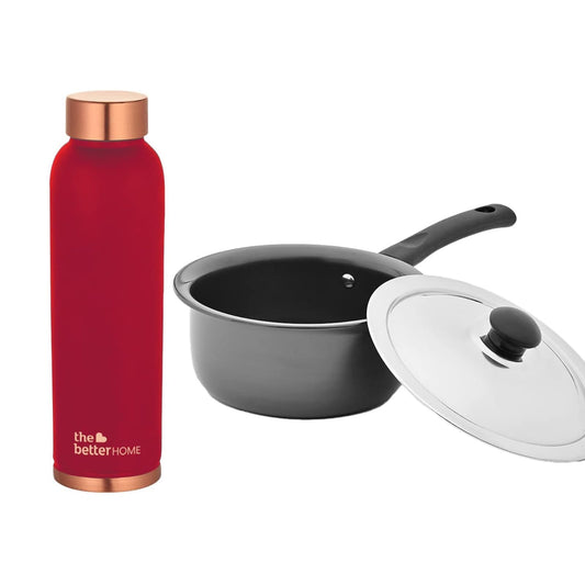 The Better Home 100 Pure Copper Water Bottle 1 Litre Teal  Savya Home HA Saucepan with Stainless Steel Lid Stove  Induction Cookware 16cm 1 Litre Red