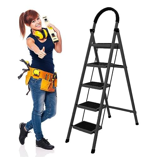 Cheston Premium MS Steel 6 Step Foldable Ladder 6.1 FT Anti Skid Step Ladder  Wide Pedal and Hand Grip  Shock Resistance  Supports Over 150 Kgs Black