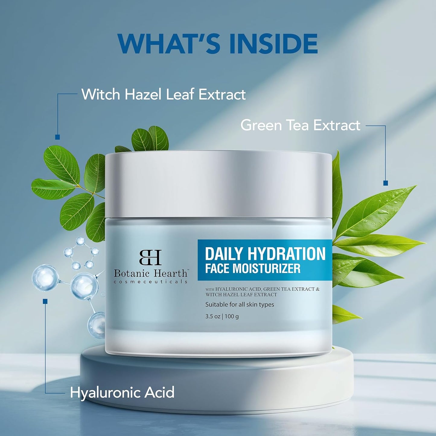 Botanic Hearth Daily Hydration Moisturizer, 100g, with Hyaluronic Acid & Green Tea Extract for Dry Skin, All Skin Types.