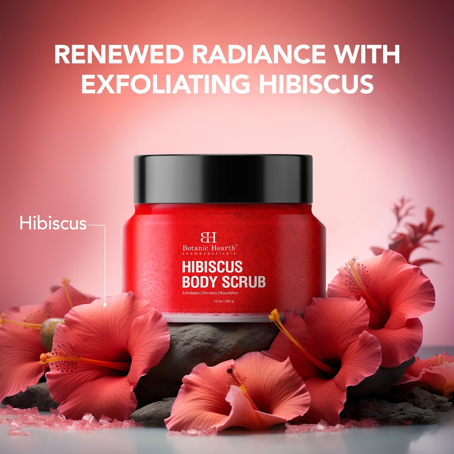 Hibiscus Body Scrub: Exfoliates, brightens, smooths, hydrates skin. For all skin types, body & feet. Unisex, 283g.