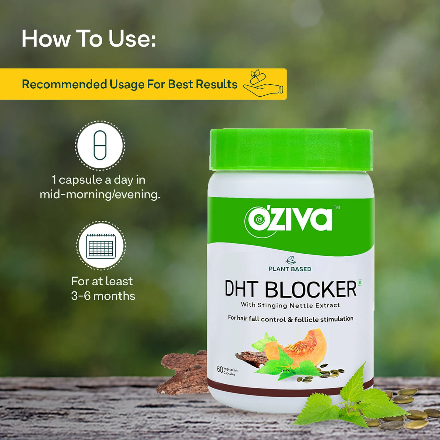 Oziva Plant Based Dht Blocker 60 Capsules Stinging Nettle Beta Sitosterol  Pine Bark Controls Hairfall  Stimulates Follicles Certified Clean  Vegan