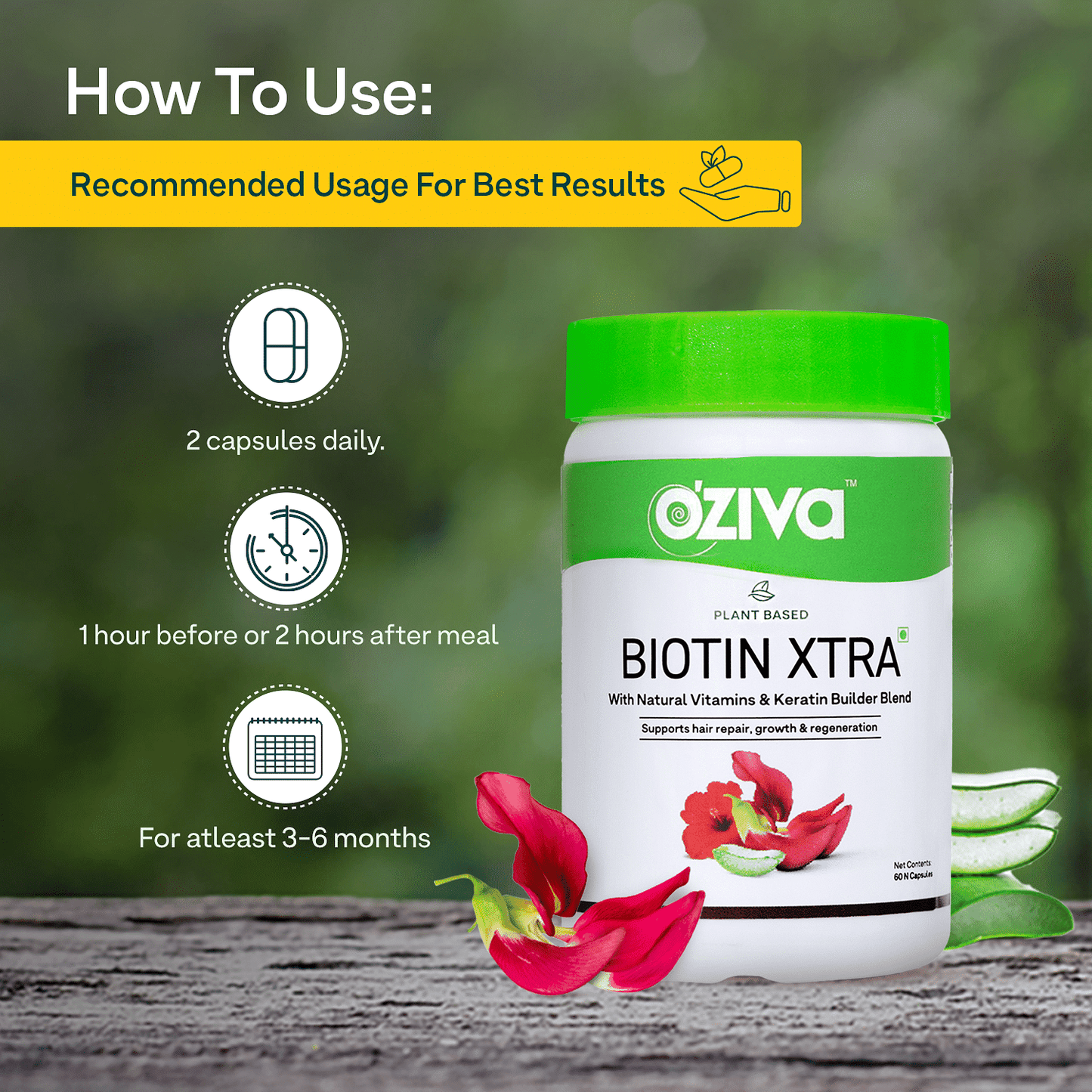 Oziva Plant Based Biotin Xtra  60 Capsules  Natural Vitamins  Keratin  Hair Repair  Growth