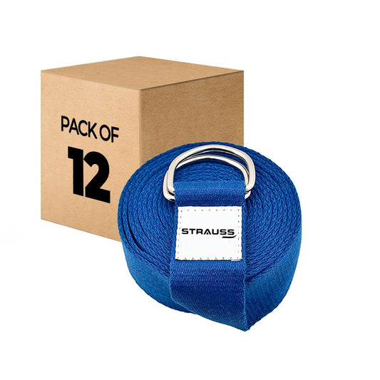 Strauss Yoga Strap, 8ft, Blue, Pack of 12. Ideal for Yoga, Pilates, Therapy, Dance, Gymnastics. Thicker belt with adjustable metal D-ring buckle.