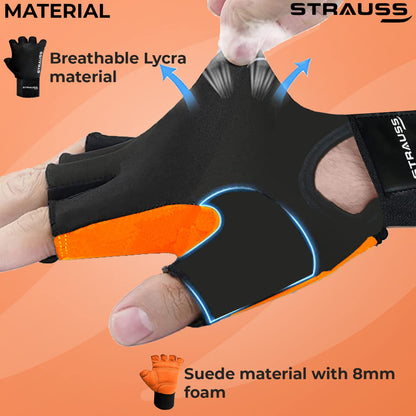 STRAUSS Suede Gym Gloves: Weightlifting, Training, Cycling, Exercise. Half Finger, 8mm Foam Cushion, Anti-Slip, Breathable Lycra, Black, Small.