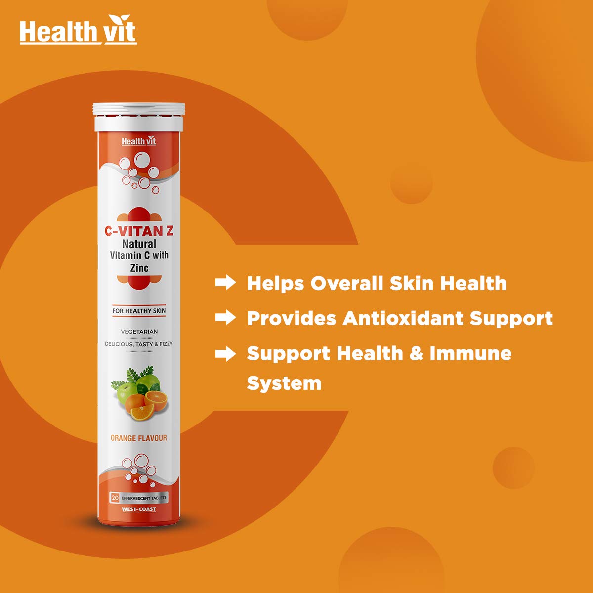 Healthvit C-Vitan-Z: Vitamin C 40mg, Amla 500mg, Zinc. Antioxidant, Immunity, Skin Health. Sugar-Free, 20 Effervescent Orange Tablets.