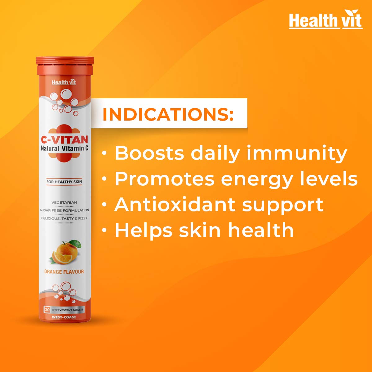 Healthvit C-Vitan N: Natural Vitamin C, Antioxidant Support, Boosts Immunity & Skin Health, Sugar-Free, 20 Effervescent Orange Tablets.