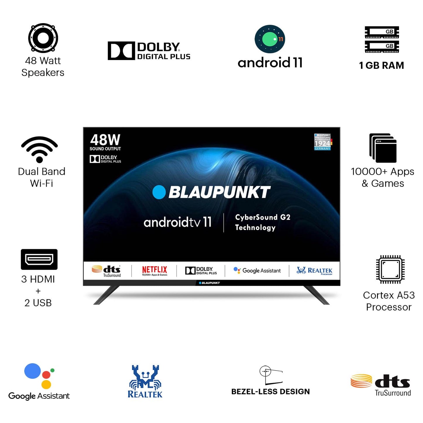 Blaupunkt CyberSound G2 Series 108 cm 43 inch Full HD LED Smart Android TV 2023 Edition with Dolby Digital Plus  48 W Sound Output 43CSG7105