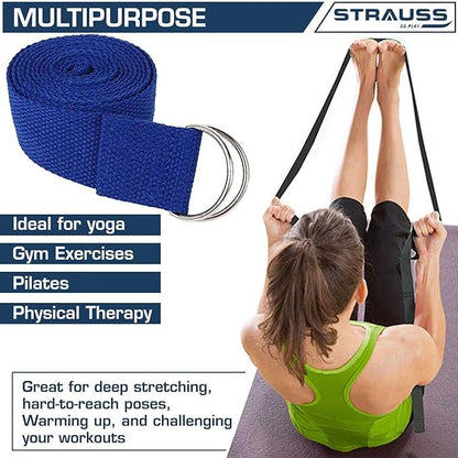 Strauss Yoga Strap, 8ft, Blue, Pack of 24. Ideal for Yoga, Pilates, Therapy, Dance, Gymnastics. Thicker Belt, Adjustable Metal D-Ring Buckle.