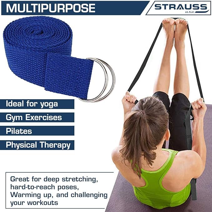 Strauss Yoga Strap, 8ft, Blue, Pack of 6. Ideal for Yoga, Pilates, Therapy, Dance, Gymnastics. Thicker belt with adjustable metal D-ring buckle.