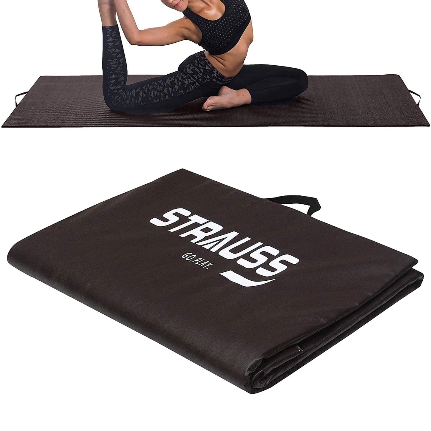 Strauss 10mm Yoga Mat for Gym, Home, Meditation, Fitness, Exercise. Foldable with Carrying Strap. Brown.