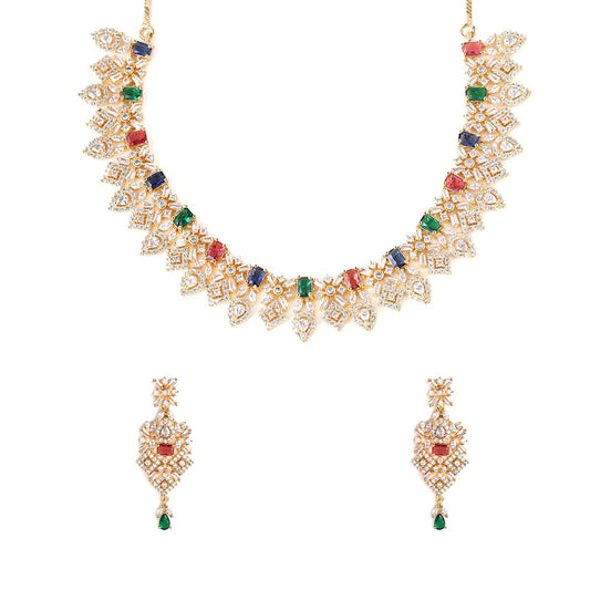 Yellow Chimes Jewellery Set for Womens Gold Plated ADAmerican Diamond Studded Multicolor Crystal Necklace Set with Earrings for Women and Girls