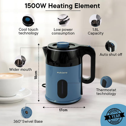 The Better Home FUMATO RapidHeat Pro Electric Kettle 1.8 L Blue  Stainless Steel Water Bottle 1 Litre Blue