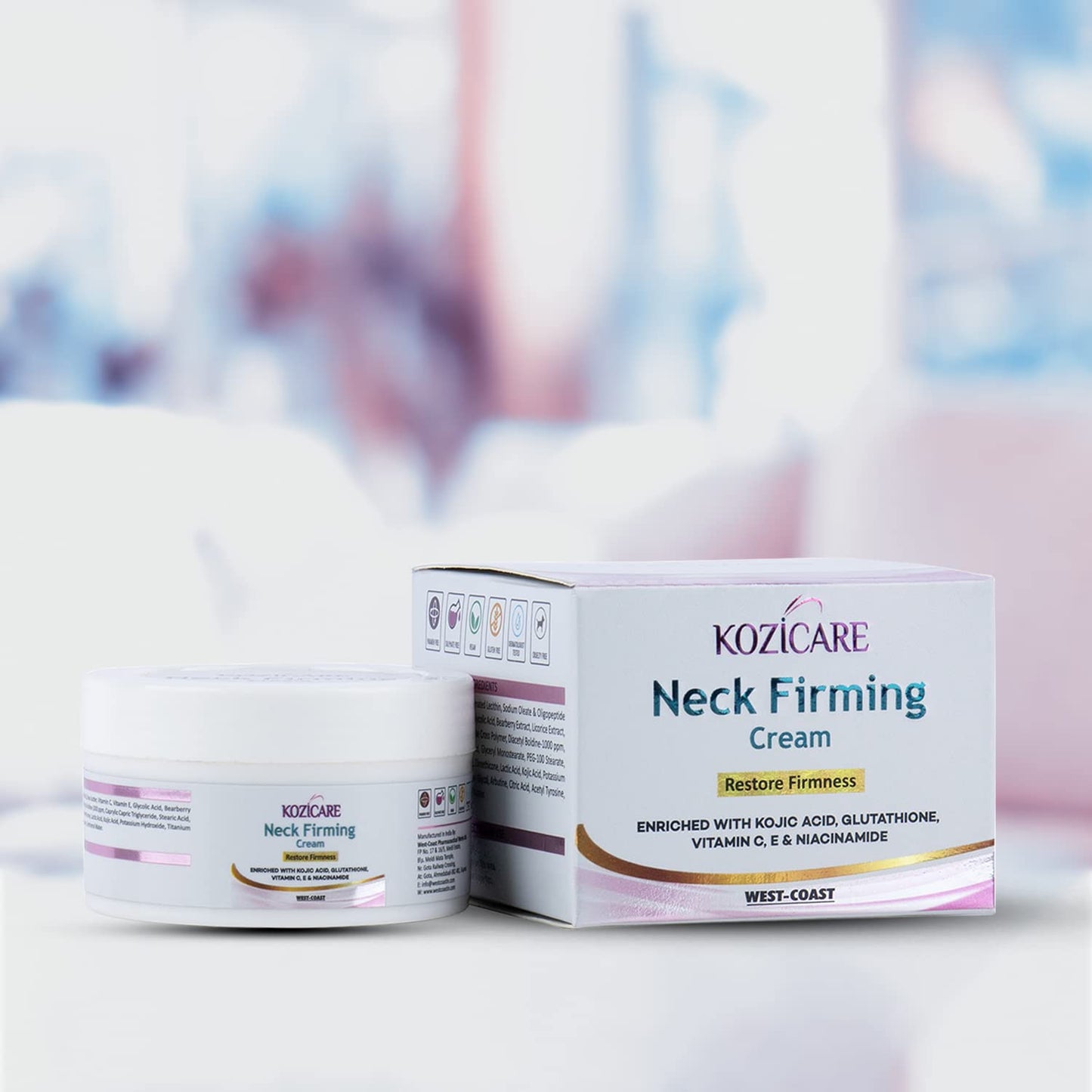 Kozicare Neck Firming Cream: Glutathione, Vitamin C, E, Niacinamide, Kojic Acid. Tightens, firms, reduces wrinkles, nourishes, heals skin. 50gm.