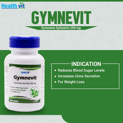 Healthvit Gymnevit Gymnema Sylvestris 250mg for Blood Sugar & Weight Management, Enhances Urine Secretion, Vegan Herbal Supplement, 60 Capsules