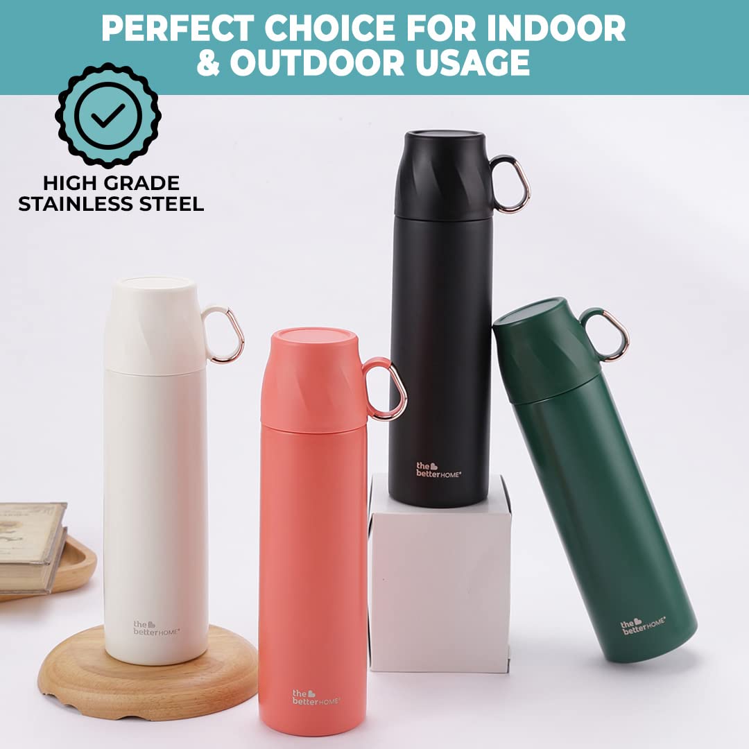 The Better Home 500ml Insulated Flask with Cup, Leak & Rust Proof, 6 Hours Hot/Cold, Black Stainless Steel.