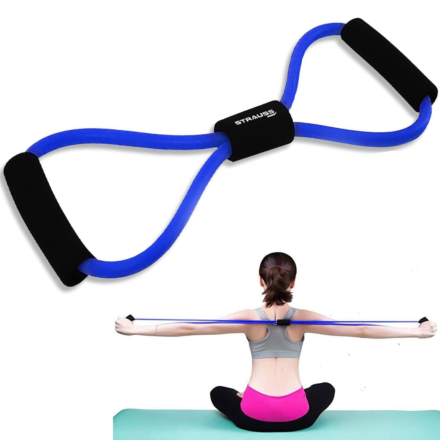 Strauss Yoga Chest Expander: Ideal for Yoga, Gym, Home Workout. Premium Natural Latex, Lightweight, Soft, Comfortable Handle, 8 Shape Resistance Tube.