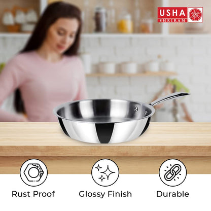 USHA SHRIRAM 1.5L Triply Stainless Steel Frying Pan with Lid, Stove & Induction Cookware, Heat Surround, Easy Grip Handles