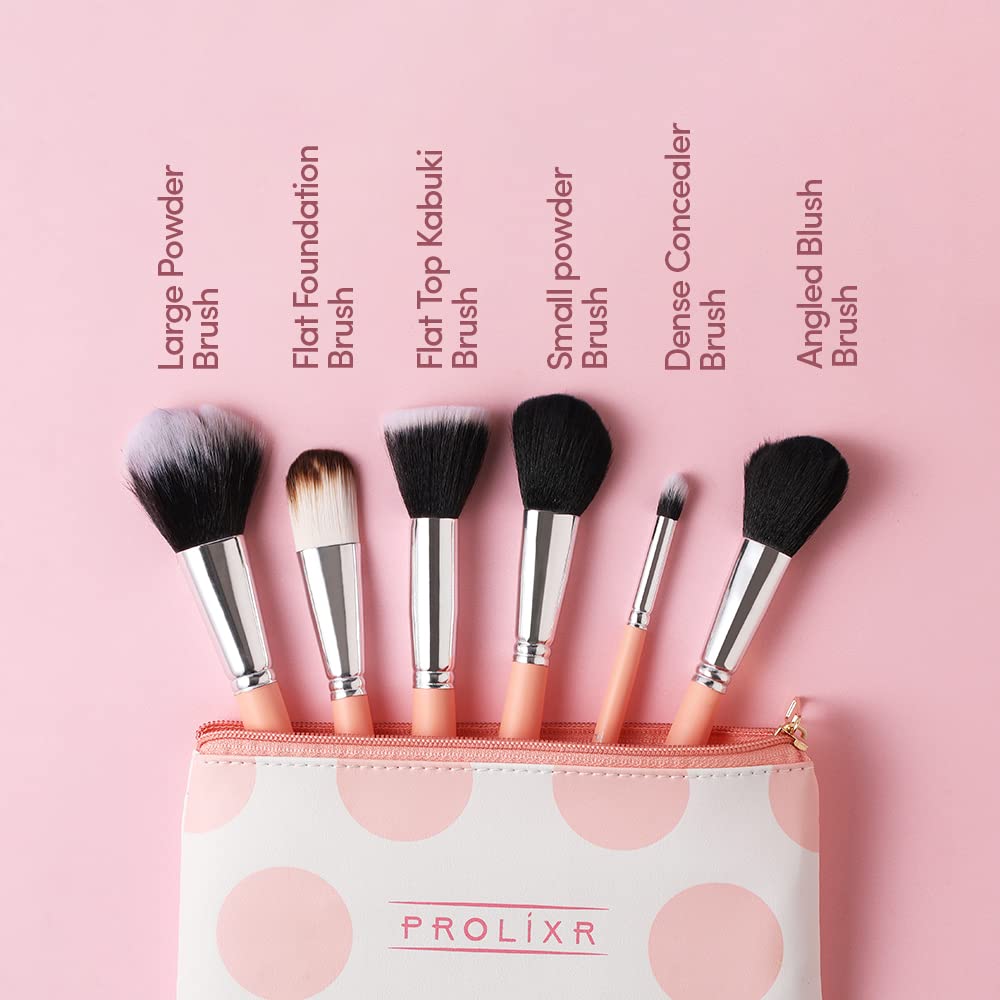 Prolixr Professional Face Makeup Brush Set with Pink Pouch - Foundation, Contour, Blush, Concealer - Vegan, Cruelty-Free - 6 Pieces