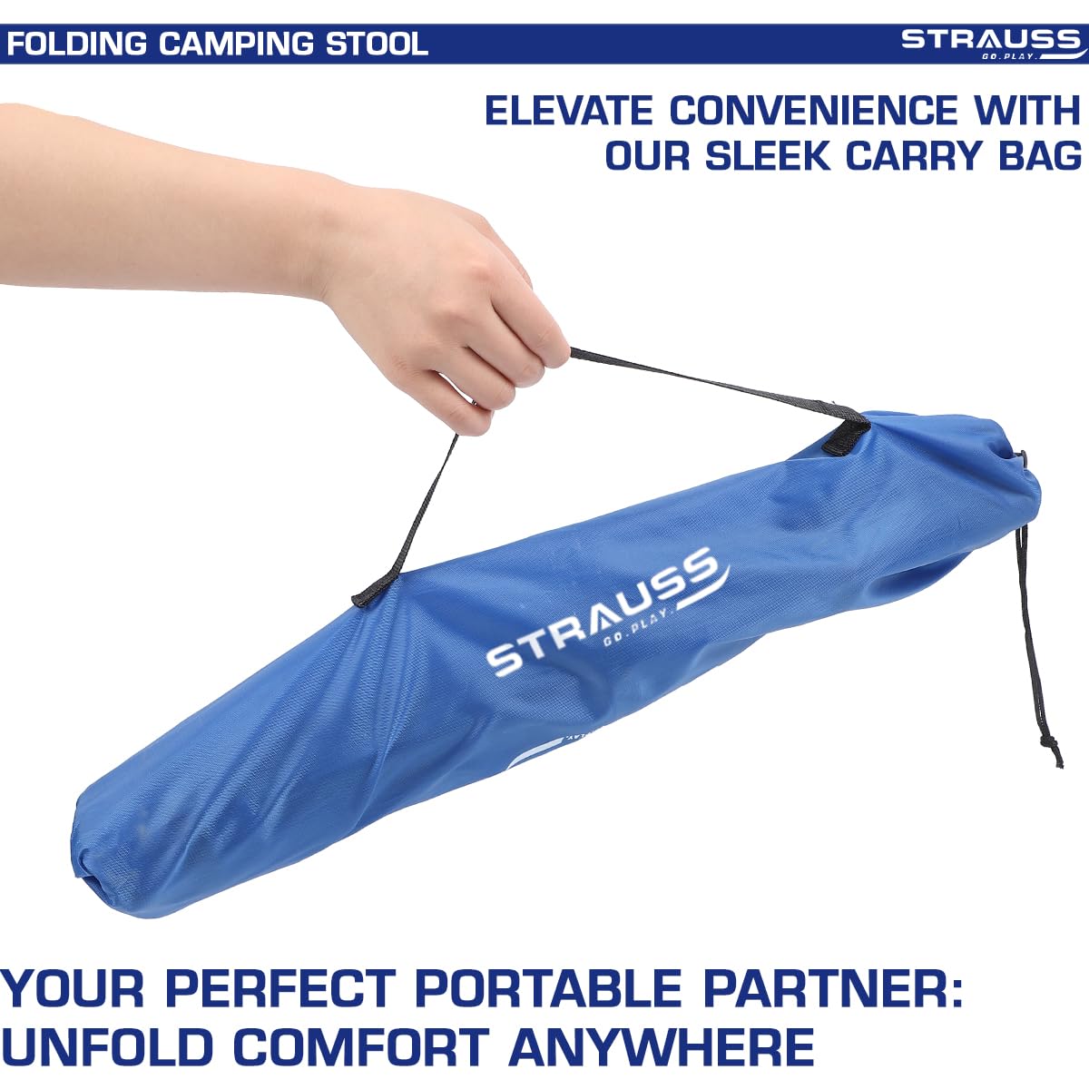 STRAUSS Folding Camping Chair: Portable, Foldable 3-Leg Stool for Camping, Fishing, Gardening, Beach. Compact Outdoor Seat. Blue, 32x32x42 cm.