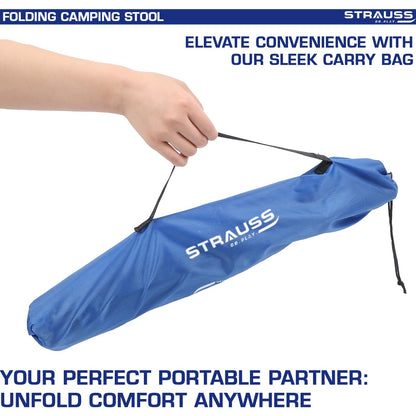 STRAUSS Folding Camping Chair: Portable, Foldable 3-Leg Stool for Camping, Fishing, Gardening, Beach. Compact Outdoor Seat. Blue, 32x32x42 cm.