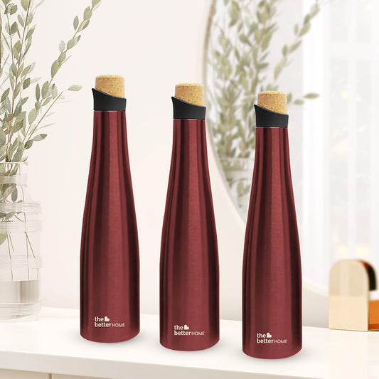 The Better Home Insulated Stainless Steel Water Bottle with Cork Cap  18 Hours Insulation  Pack of 3-500ml Each  Hot Cold Water for Office School Gym  Leak Proof  BPA Free  Wine Colour