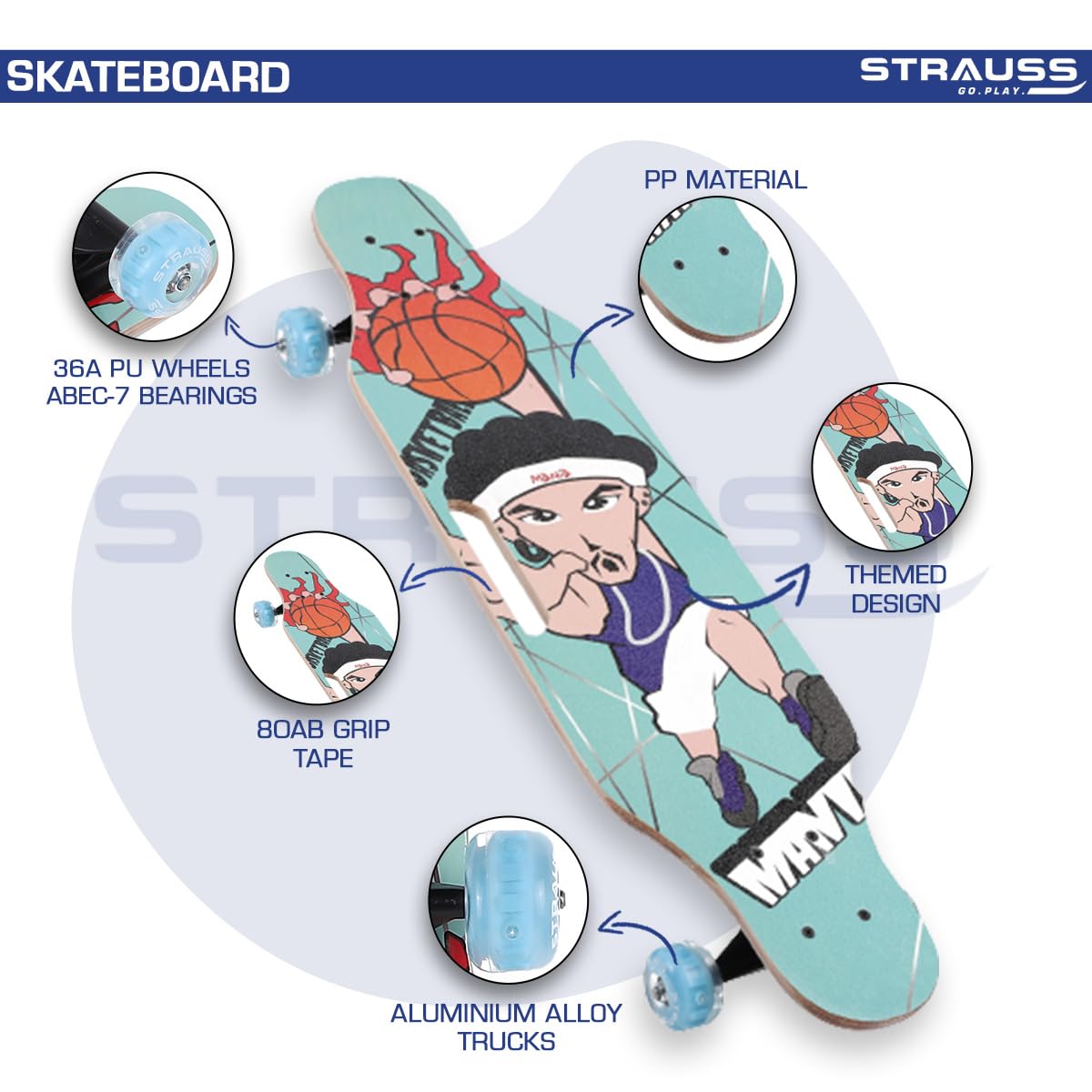 STRAUSS Plastic Skateboard with Anti-Skid Board, High Precision Bearings, Light-Up Wheels, Ideal for 8+ Years, 31x8 Inches