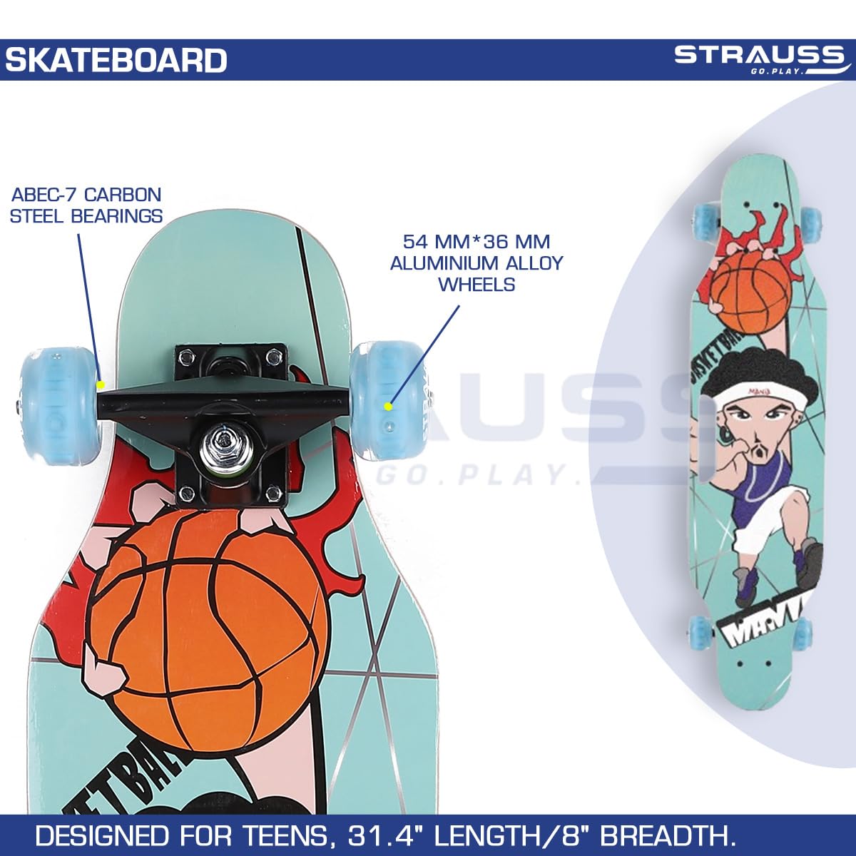 STRAUSS Plastic Skateboard with Anti-Skid Board, High Precision Bearings, Light-Up Wheels, Ideal for 8+ Years, 31x8 Inches