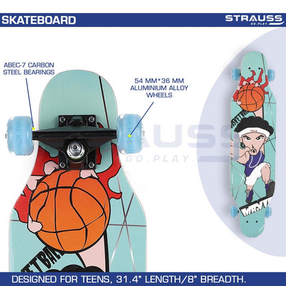 STRAUSS Plastic Skateboard with Anti-Skid Board, High Precision Bearings, Light-Up Wheels, Ideal for 8+ Years, 31x8 Inches