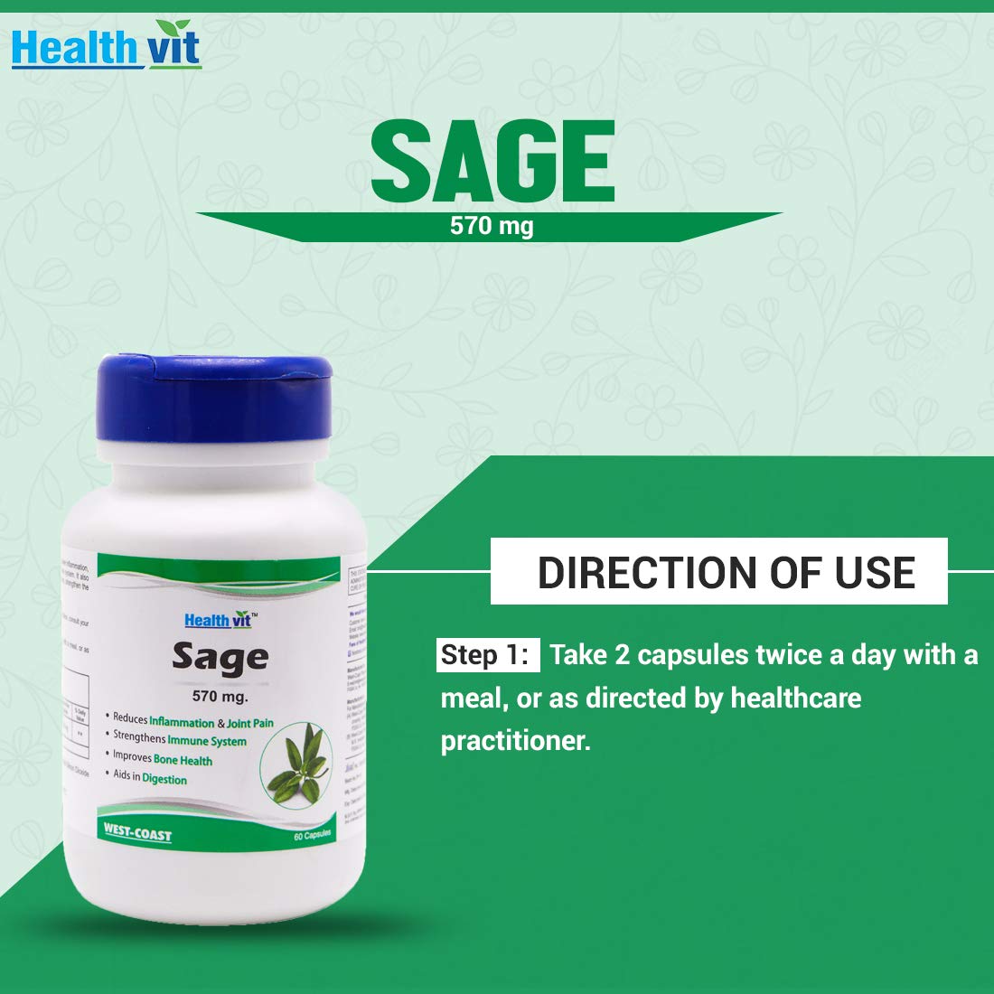 Healthvit Sage 570mg: Improves bone health, reduces inflammation/joint pain, strengthens immune system, supports brain/memory, 60 vegan capsules.