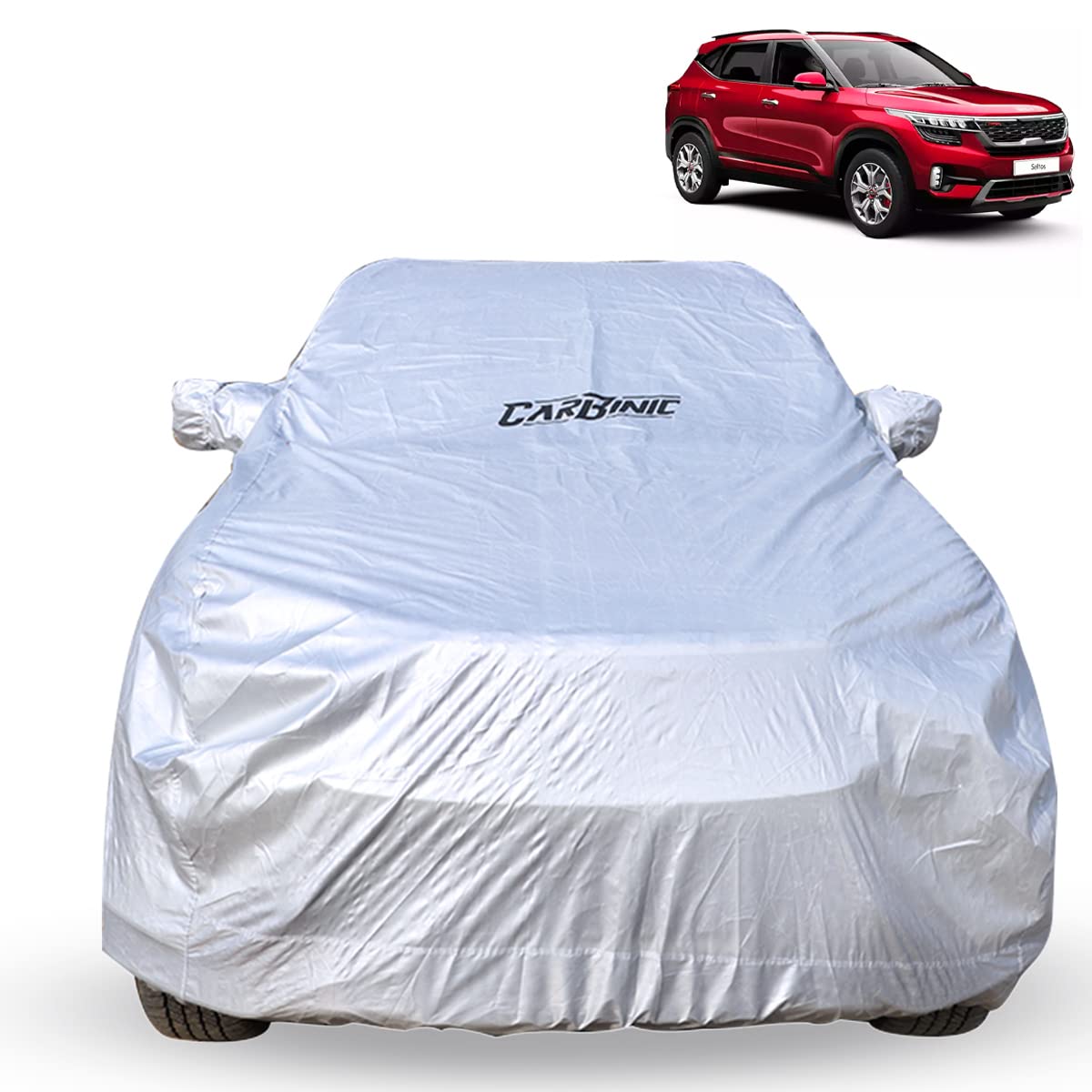 CARBINIC Car Body Cover for KIA Seltos 2019: Water Resistant, UV Protection, Scratchproof, Dustproof, All-Weather, Mirror Pocket, Antenna, Silver