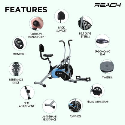 Reach AB-110 BPT Air Bike Exercise Cycle for Home Gym with Push Up Bar, Twister, Adjustable Resistance, Seat with Back Support, Moving Handles