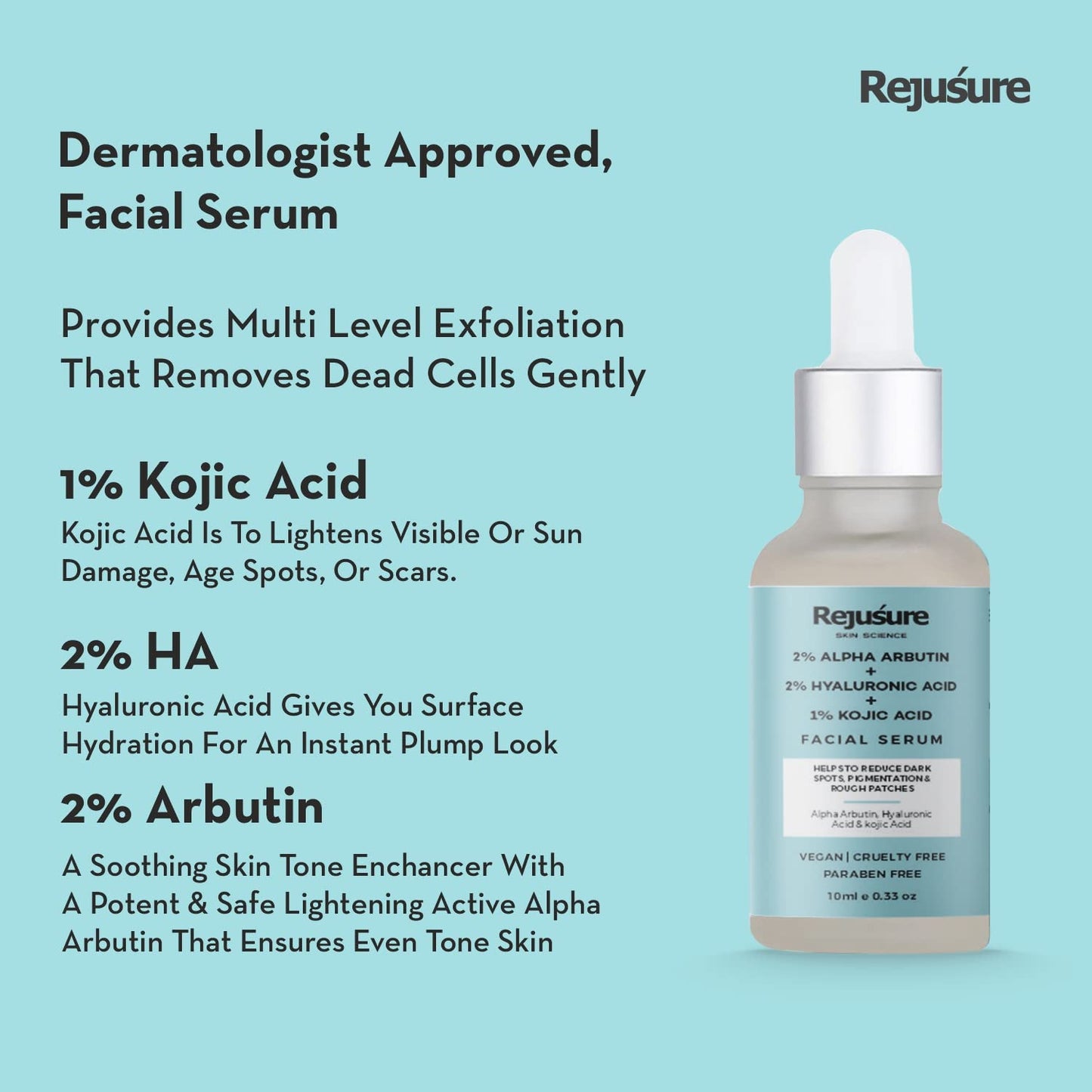 Rejusure 2 Alpha Arbutin  2 Hyaluronic Acid  1 Kojic Acid Face Serum - Dark Spot Correction Hydration Radiance Hyperpigmentation Blemishes Skin Texture  radiamce  For Men  Women